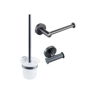 Fortifura Calvi Toiletset 3-delig - toiletrolhouder zonder klep - toiletborstel - handdoekhaak dubbel rond - Geborsteld gunmetal PVD SW721173 SW721172 SW1211595