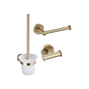 Fortifura Calvi Toiletset 3-delig - toiletrolhouder zonder klep - toiletborstel - handdoekhaak dubbel rond - Geborsteld Messing PVD (Goud) SW639940 SW639941 SW1248399