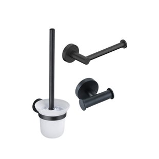 Fortifura Calvi Toiletset 3-delig - toiletrolhouder zonder klep - toiletborstel - handdoekhaak dubbel rond - mat zwart SW639936 SW639935 SW1211594