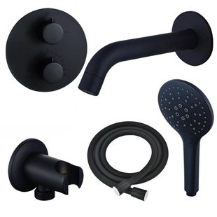 Fortifura Calvi Badkraan set - uitloop - 22cm inkortbaar - rond bedieningspaneel - gladde slang - ronde handdouche - inbouwdeel - wandhouder - mat zwart SW542644/SW706210/SW721167/SW1122511/SW496816/SW11