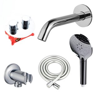 Fortifura Calvi Badkraan set - uitloop - 22cm inkortbaar - rond bedieningspaneel - gladde slang - ronde handdouche - inbouwdeel - wandhouder - chroom SW542643/SW706209/SW721166/SW1122510/SW496814/SW11