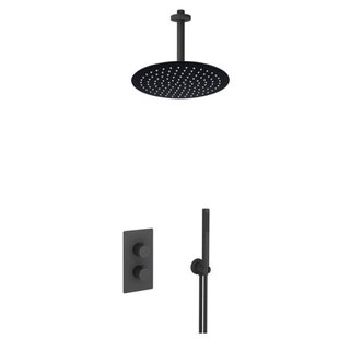 Fortifura Calvi Inbouw Regendoucheset - thermostatisch - plafondarm - 30cm hoofddouche - staaf handdouche - gladde doucheslang - mat zwart SW721167 SW377853 SW1139120 SW542644 SW706210 SW49