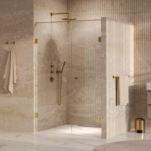 BRAUER Void Carving Nisdeur - 2-delig - 130x200cm - 60cm draaideur aan muur - glascoating - omkeerbaar - helder glas - geborsteld goud PVD GS-VOCN2H6070200GG