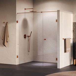 BRAUER Void Carving Nisdeur - 2-delig - 180x200cm - 70cm draaideur aan muur - glascoating - omkeerbaar - helder glas - geborsteld koper PVD GS-VOCN2H70110200GK