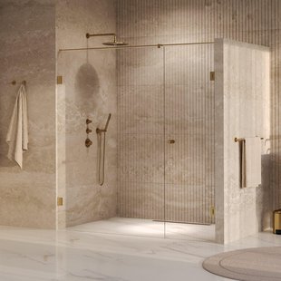 BRAUER Void Carving Nisdeur - 2-delig - 190x200cm - 70cm draaideur aan muur - glascoating - omkeerbaar - helder glas - geborsteld goud PVD GS-VOCN2H70120200GG