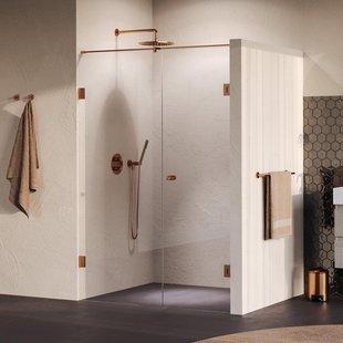 BRAUER Void Carving Nisdeur - 2-delig - 140x200cm - 70cm draaideur aan muur - glascoating - omkeerbaar - helder glas - geborsteld koper PVD GS-VOCN2H7070200GK