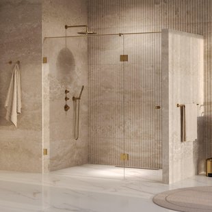 BRAUER Void Carving Nisdeur - 2-delig - 190x200cm - 70cm draaideur aan glas - glascoating - omkeerbaar - helder glas - geborsteld goud PVD GS-VOCN3H70120200GG