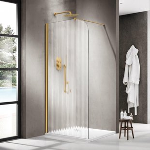 Fortifura Galeria Inloopdouche - 140x200cm - afgeronde glaswand - links - ribbel glas - wandarm - geborsteld messing PVD (Goud) SW1418373/SW797910