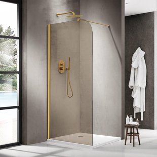 Fortifura Galeria Inloopdouche - 90x200cm - afgeronde glaswand - rook glas - wandarm - geborsteld messing PVD (Goud) SW1418364/SW797910