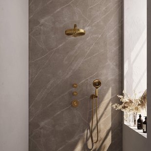 BRAUER Stripe Thermostatische Inbouw Regendouche - SET 04 - 25cm douchekop - rechte muurarm - 3-standen handdouche - doucheslang - wandaansluitbocht - goud geborsteld PVD 5-GG-371