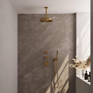 BRAUER Stripe Thermostatische Inbouw Regendouche - SET 03 - 25cm douchekop - plafondarm - staaf handdouche - doucheslang - wandaansluitbocht - goud geborsteld PVD 5-GG-369