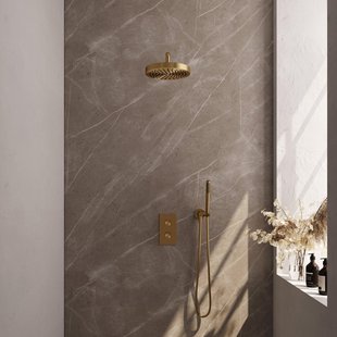 BRAUER Stripe Thermostatische Inbouw Regendouche - 3-weg - rechthoekig - SET 14 - 25cm douchekop - gebogen muurarm - staaf handdouche - doucheslang - wandaansluitbocht - goud geborsteld PVD 5-GG-391