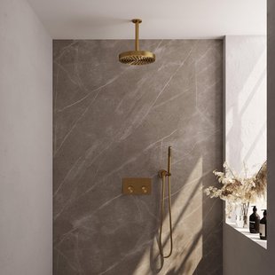 BRAUER Stripe Thermostatische Inbouw Regendouche - drukknoppen - SET 27 - 25cm douchekop - plafondarm - staaf handdouche - doucheslang - wandaansluitbocht - goud geborsteld PVD 5-GG-417