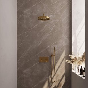 BRAUER Stripe Thermostatische Inbouw Regendouche - drukknoppen - SET 26 - 25cm douchekop - gebogen muurarm - staaf handdouche - doucheslang - wandaansluitbocht - goud geborsteld PVD 5-GG-415