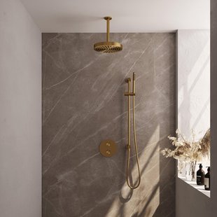 BRAUER Stripe Thermostatische Inbouw Regendouche - 3-weg - rond - SET 45 - 25cm douchekop - plafondarm - staaf handdouche - doucheslang - geïntegreerde glijstang - goud geborsteld PVD 5-GG-453