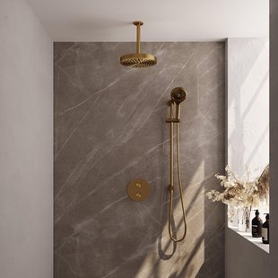 BRAUER Stripe Thermostatische Inbouw Regendouche - 3-weg - rond - SET 48 - 25cm douchekop - plafondarm - 3-standen handdouche - doucheslang - geïntegreerde glijstang - goud geborsteld PVD 5-GG-459