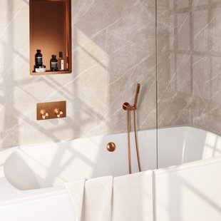 BRAUER Stripe Thermostatische Badkraan - drukknoppen - SET 03 - inbouw - badvulcombinatie - staaf handdouche - doucheslang - wandaansluitbocht - koper geborsteld PVD 5-GK-361