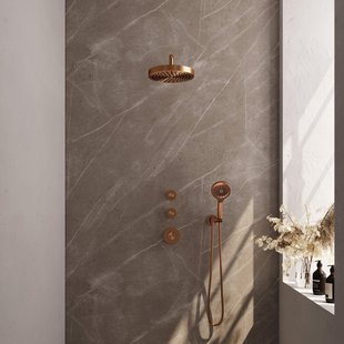 BRAUER Stripe Thermostatische Inbouw Regendouche - SET 05 - 25cm douchekop - gebogen muurarm - 3-standen handdouche - doucheslang - wandaansluitbocht - koper geborsteld PVD 5-GK-373