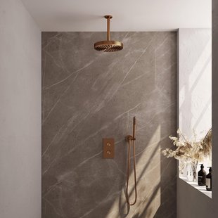 BRAUER Stripe Thermostatische Inbouw Regendouche - 3-weg - rechthoekig - SET 15 - 25cm douchekop - plafondarm - staaf handdouche - doucheslang - wandaansluitbocht - koper geborsteld PVD 5-GK-393