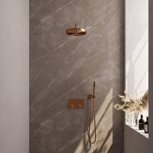BRAUER Stripe Thermostatische Inbouw Regendouche - drukknoppen - SET 26 - 25cm douchekop - gebogen muurarm - staaf handdouche - doucheslang - wandaansluitbocht - koper geborsteld PVD 5-GK-415