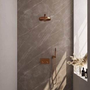 BRAUER Stripe Thermostatische Inbouw Regendouche - drukknoppen - SET 25 - 25cm douchekop - rechte muurarm - staaf handdouche - doucheslang - wandaansluitbocht - koper geborsteld PVD 5-GK-413