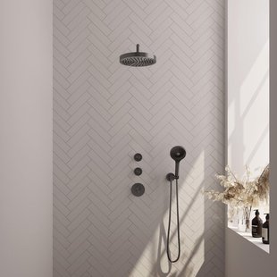 BRAUER Stripe Thermostatische Inbouw Regendouche - SET 05 - 25cm douchekop - gebogen muurarm - 3-standen handdouche - doucheslang - wandaansluitbocht - gunmetal geborsteld PVD 5-GM-373