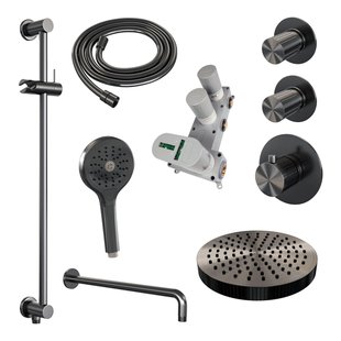 BRAUER Stripe Thermostatische Inbouw Regendouche - SET 11 - 25cm douchekop - gebogen muurarm - 3-standen handdouche - doucheslang - geïntegreerde glijstang - gunmetal geborsteld PVD 5-GM-385