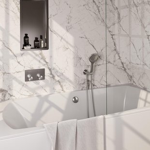 BRAUER Stripe Thermostatische Badkraan - drukknoppen - SET 04 - inbouw - badvulcombinatie - 3-standen handdouche - doucheslang - wandaansluitbocht - RVS-kleurig geborsteld PVD 5-NG-362