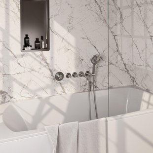 BRAUER Stripe Thermostatische Badkraan - SET 02 - inbouw - uitloop - 3-standen handdouche - doucheslang - wandaansluitbocht - RVS-kleurig geborsteld PVD 5-NG-358