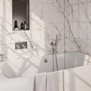 BRAUER Stripe Thermostatische Badkraan - drukknoppen - SET 03 - inbouw - badvulcombinatie - staaf handdouche - doucheslang - wandaansluitbocht - RVS-kleurig geborsteld PVD 5-NG-361