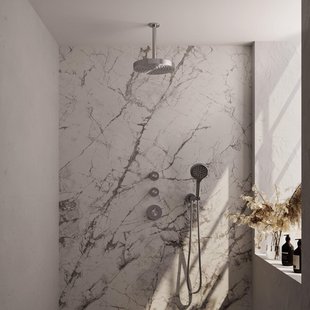 BRAUER Stripe Thermostatische Inbouw Regendouche - SET 06 - 25cm douchekop - plafondarm - 3-standen handdouche - doucheslang - wandaansluitbocht - RVS-kleurig geborsteld PVD 5-NG-375