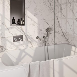 BRAUER Stripe Thermostatische Badkraan - drukknoppen - SET 04 - inbouw - uitloop - 3-standen handdouche - doucheslang - wandaansluitbocht - RVS-kleurig geborsteld PVD 5-NG-364