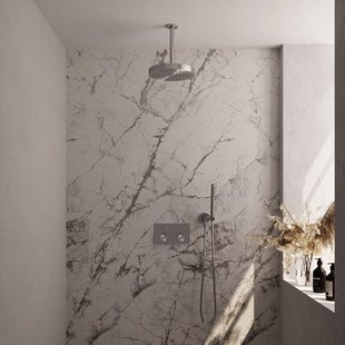 BRAUER Stripe Thermostatische Inbouw Regendouche - drukknoppen - SET 27 - 25cm douchekop - plafondarm - staaf handdouche - doucheslang - wandaansluitbocht - RVS-kleurig geborsteld PVD 5-NG-417