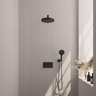 BRAUER Stripe Thermostatische Inbouw Regendouche - drukknoppen - SET 28 - 25cm douchekop - rechte muurarm - 3-standen handdouche - doucheslang - wandaansluitbocht - mat zwart 5-S-419