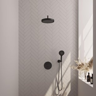 BRAUER Stripe Thermostatische Inbouw Regendouche - 3-weg - rond - SET 41 - 25cm douchekop - gebogen muurarm - 3-standen handdouche - doucheslang - wandaansluitbocht - mat zwart 5-S-445