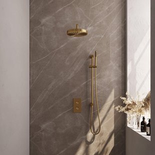 BRAUER Stripe Thermostatische Inbouw Regendouche - 3-weg - rechthoekig - 25cm douchekop - gebogen muurarm - staaf handdouche - doucheslang - geïntegreerde glijstang - goud geborsteld PVD 5-GG-403