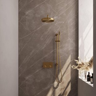BRAUER Stripe Thermostatische Inbouw Regendouche - drukknoppen - 25cm douchekop - gebogen muurarm - staaf handdouche - doucheslang - geïntegreerde glijstang - goud geborsteld PVD 5-GG-427