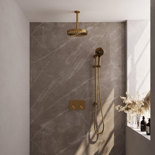 BRAUER Stripe Thermostatische Inbouw Regendouche - drukknoppen - 25cm douchekop - plafondarm - 3-standen handdouche - doucheslang - geïntegreerde glijstang - goud geborsteld PVD 5-GG-435