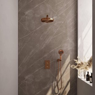 BRAUER Stripe Thermostatische Inbouw Regendouche - 3-weg - rechthoekig - 25cm douchekop - rechte muurarm - 3-standen handdouche - doucheslang - wandaansluitbocht - koper geborsteld PVD 5-GK-395