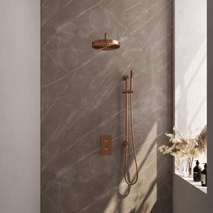 BRAUER Stripe Thermostatische Inbouw Regendouche - 3-weg - rechthoekig - 25cm douchekop - gebogen muurarm - staaf handdouche - doucheslang - geïntegreerde glijstang - koper geborsteld PVD 5-GK-403