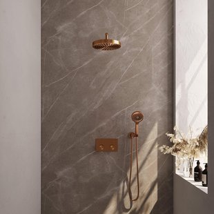 BRAUER Stripe Thermostatische Inbouw Regendouche - drukknoppen - 25cm douchekop - gebogen muurarm - 3-standen handdouche - doucheslang - wandaansluitbocht - koper geborsteld PVD 5-GK-421