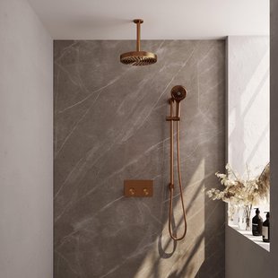 BRAUER Stripe Thermostatische Inbouw Regendouche - drukknoppen - 25cm douchekop - plafondarm - 3-standen handdouche - doucheslang - geïntegreerde glijstang - koper geborsteld PVD 5-GK-435