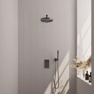 BRAUER Stripe Thermostatische Inbouw Regendouche - 3-weg - rechthoekig - 25cm douchekop - rechte muurarm - staaf handdouche - doucheslang - wandaansluitbocht - gunmetal geborsteld PVD 5-GM-389