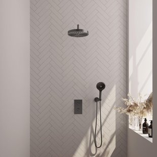 BRAUER Stripe Thermostatische Inbouw Regendouche - 3-weg - rechthoekig - 25cm douchekop - gebogen muurarm - 3-standen handdouche - doucheslang - wandaansluitbocht - gunmetal geborsteld PVD 5-GM-397