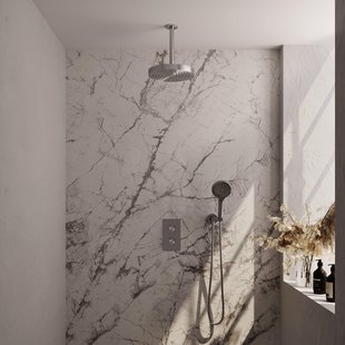 BRAUER Stripe Thermostatische Inbouw Regendouche - 3-weg - rechthoekig - 25cm douchekop - plafondarm - 3-standen handdouche - doucheslang - wandaansluitbocht - RVS-kleurig geborsteld PVD 5-NG-399