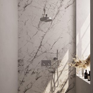 BRAUER Stripe Thermostatische Inbouw Regendouche - drukknoppen - 25cm douchekop - rechte muurarm - staaf handdouche - doucheslang - wandaansluitbocht - RVS-kleurig geborsteld PVD 5-NG-413