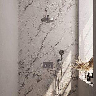 BRAUER Stripe Thermostatische Inbouw Regendouche - drukknoppen - 25cm douchekop - rechte muurarm - 3-standen handdouche - doucheslang - wandaansluitbocht - RVS-kleurig geborsteld PVD 5-NG-419