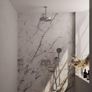 BRAUER Stripe Thermostatische Inbouw Regendouche - drukknoppen - 25cm douchekop - plafondarm - 3-standen handdouche - doucheslang - wandaansluitbocht - RVS-kleurig geborsteld PVD 5-NG-423