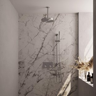 BRAUER Stripe Thermostatische Inbouw Regendouche - drukknoppen - 25cm douchekop - plafondarm - staaf handdouche - doucheslang - geïntegreerde glijstang - RVS-kleurig geborsteld PVD 5-NG-429