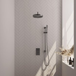 BRAUER Stripe Thermostatische Inbouw Regendouche - 3-weg - rechthoekig - SET 20 - 25cm douchekop - gebogen muurarm - staaf handdouche - doucheslang - geïntegreerde glijstang - gunmetal geborsteld PVD 5-GM-403